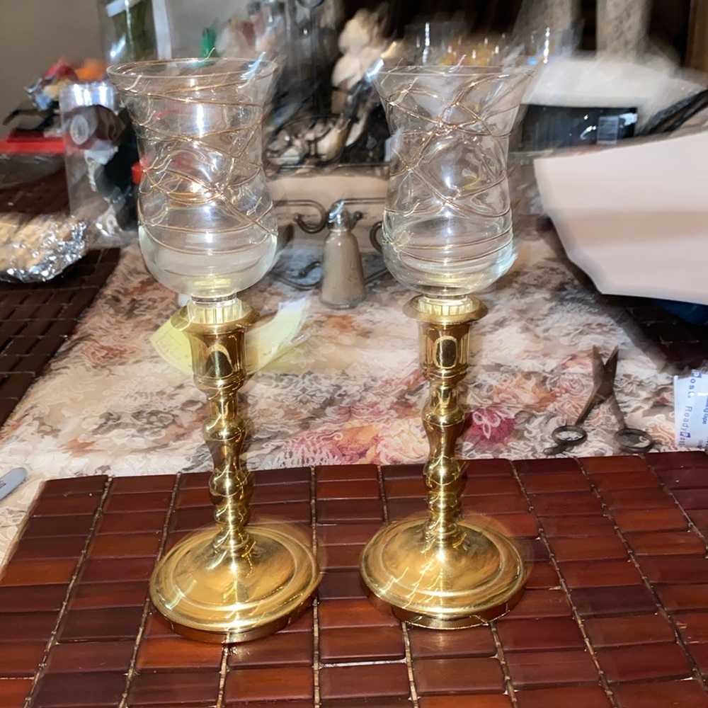 Lot of 2 Candlesticks Vintage Partylite Calypso Glass with Brass Base Candlestic